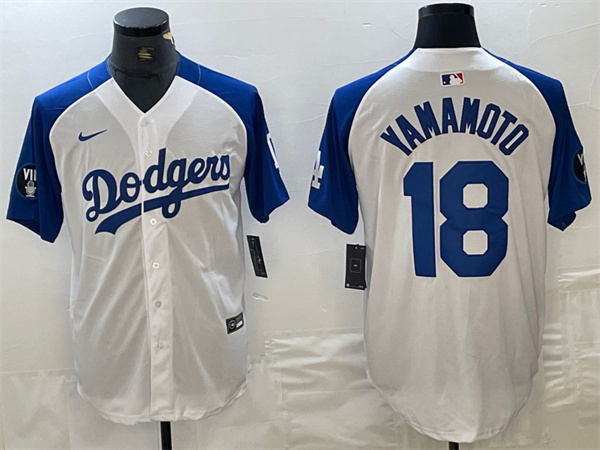 Men's Los Angeles Dodgers #18 Yoshinobu Yamamoto White/Blue Vin Patch Cool Base Stitched Baseball Jersey Men's Los Angeles Dodgers #18 Yoshinobu Yamamoto White/Blue Vin Patch Cool Base Stitched Baseball Jersey